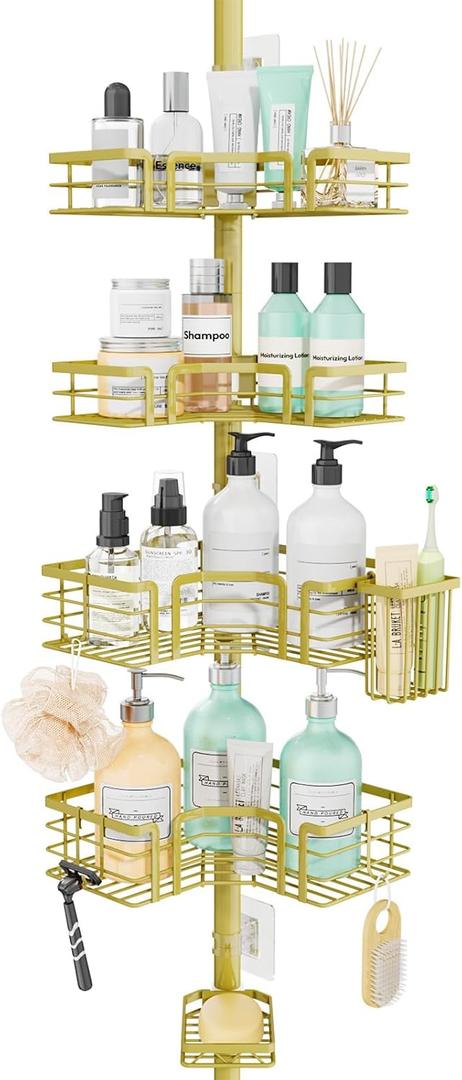SWTYMIKI Shower Caddy Tension Pole - 4-Tier Corner Shower Organizer Tension Rod with Soap Holder, Toothbrush Holder & 4 Hooks, Adjustable Stainless Steel Bathroom Organizer 27.6 to 108.3 inch, Gold