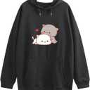 Wrenpies Cute Cat Graphic Hoodies Aesthetic Hooded Sweatshirts for Teen Girls Kawaii Cartoon Anime Lightweight Pullover Tops (Black, L)