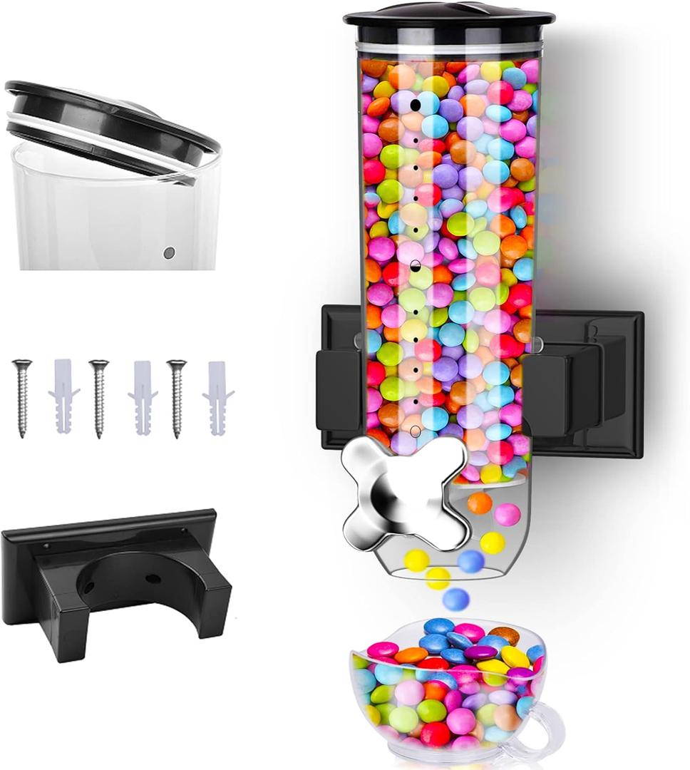 Cereal Dispenser, Food Dispenser Wall Mounted, Grain Dispenser Storage Containers with Cup, Single Control Candy Dispenser for Storing Snack Nut Coffee Beans, Kitchen Dry Cereal Dispenser, Black 1.5 L