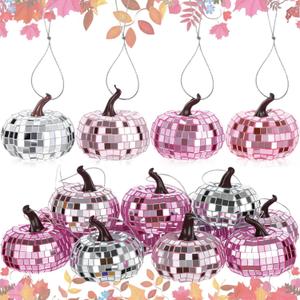 Suncalla 12 Pcs 2" Disco Pumpkin Hanging Ornaments, Glitter Mini Pumpkins for Fall Halloween Thanksgiving Tree Decorations, Farmhouse Autumn Harvest Party Decor(Silver, Pink)
