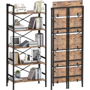 Homeiju Folding Bookshelf,5 Tier Bookcase Foldable Shelf with X-Bracket Design, Adjustable Feet, Space Saving Storage for Living Room, Office, Rustic Brown