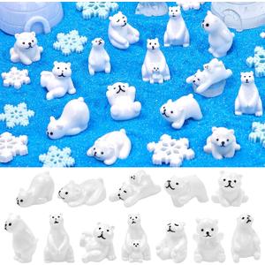 40 Pcs Mini Resin Polar Bear Figurines with Snowflakes Tiny Little Winter Resin Animal Miniature Figures for Holiday Crafts Garden Micro Landscape Home Table Decor