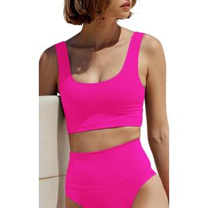 Women's High Waisted Bikini Sets Sporty 2 Piece Swimsuits Middle Cut Bathing Suits (4, Bright Pink (Only Tops))
