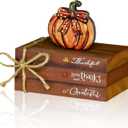 Smile Fall Thanksgiving Wooden Decor Indoor, Pumpkin Decor Thankful Grateful Faux Books Bundle, Thanksgiving Table Tiered Tray Kitchen Harvest Decorations