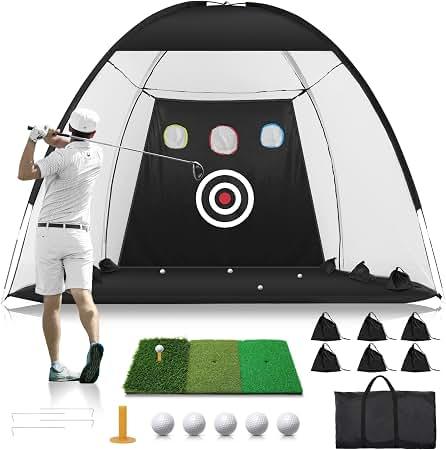 Golf Practice Net with Mat 10x7ft, Hitting Net for Backyard Outdoor Driving & Chipping, Heavy Duty Training Equipment for Home Garage Setup, Portable Golf Net with Target for Men Dad Gift