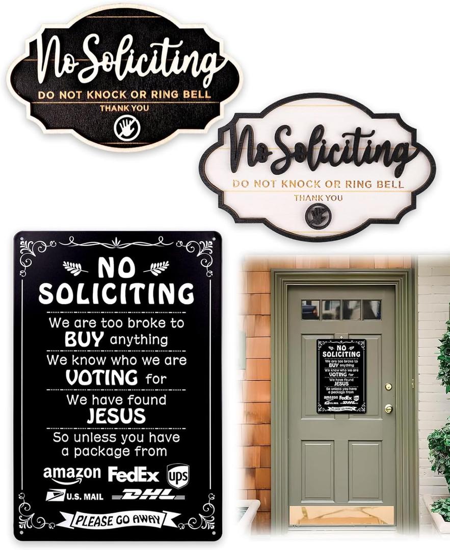 3Pcs No Soliciting Sign for Front Door, Wooden and Metal House Funny Humorous Do Not Knock or Ring Doorbell Sign