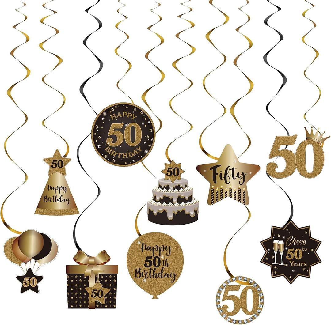 Happy 50th Birthday Party Hanging Swirls Streams Ceiling Decorations, Celebration 50 Foil Hanging Swirls with Cutouts for 50 Years Old Black and Gold Birthday Party Decorations Supplies