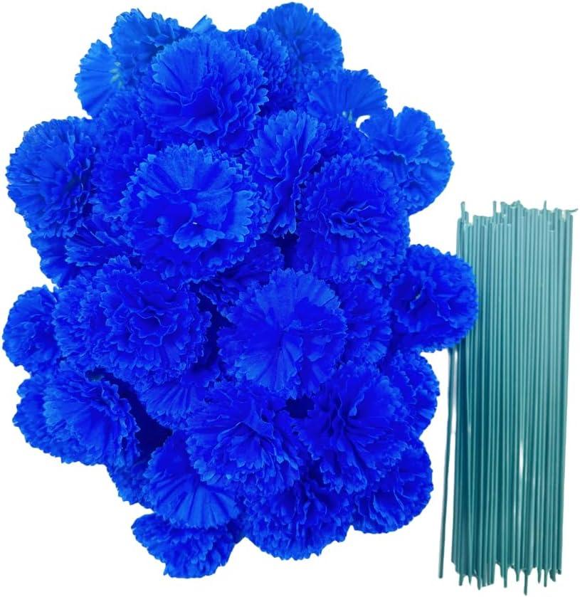 50 Artificial Silk Flower Carnation Head with Stems Set,Vase Fillers,2" Marigold Flower Heads for Diwali Home Decor Day of The Dead Wreath Garland Cake Ornaments (Royal Blue)