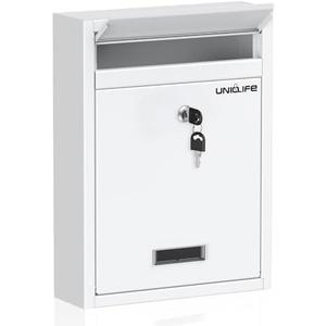 Uniclife Wall Mount Mailbox for Outside, Locking Mailbox, Large Mailbox with Key Lock, Security Mail Box for House, Safe Key Drop Box, Post Box, Steel Cash Drop Box for Home Office School, White