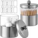 Gaussra Apothecary Jars, Qtip Holder - Brushed Stainless Steel Bathroom Jar with Stickers - Farmhouse Decor Qtip Dispenser for Qtips, Cotton Balls, Swabs, Makeup Sponges (2 Pack, Brushed Nickel)