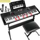 61 Key Keyboard Piano for Beginners with Lighted Keys & Pro Teaching Modes,Includes Stand, Bench, Microphone, Music Stand,70 Demos, 200 Rhythms/Tones, Gift for Beginners, 61Key Keyboard Piano Kit with Piano Stool & Stand