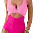 HXN Women's One Piece Swimsuit Tummy Control Bathing Suit Color Block Cutout Slimming Swim Suit Swimwear 2025 Size S