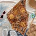 Women's Floral One Shoulder Fitted Tank Top Sleeveless Asymmetrical Hem Ruched Crop Tops (Brown, M)