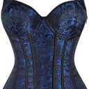Women's Lace up Gothic Jacquard Shoulder Straps Tank Overbust Shaper Corset Bustiers Top (X-Large, Blue)