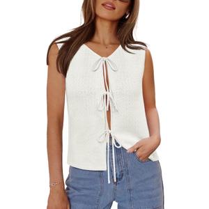 Yousify Womens Tie Front Sweater Vest 2025 Sleeveless Crochet Knit Summer Y2K Going Out Tops