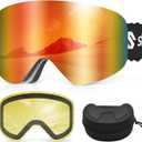 Ski Goggles, Snowboard Goggles with 2 UV400 Anti-Fog Detachable Magnet Lenses for Men & Women Adult (Ver.1 Red(vlt 14.83%) + Yellow(vlt 83%))