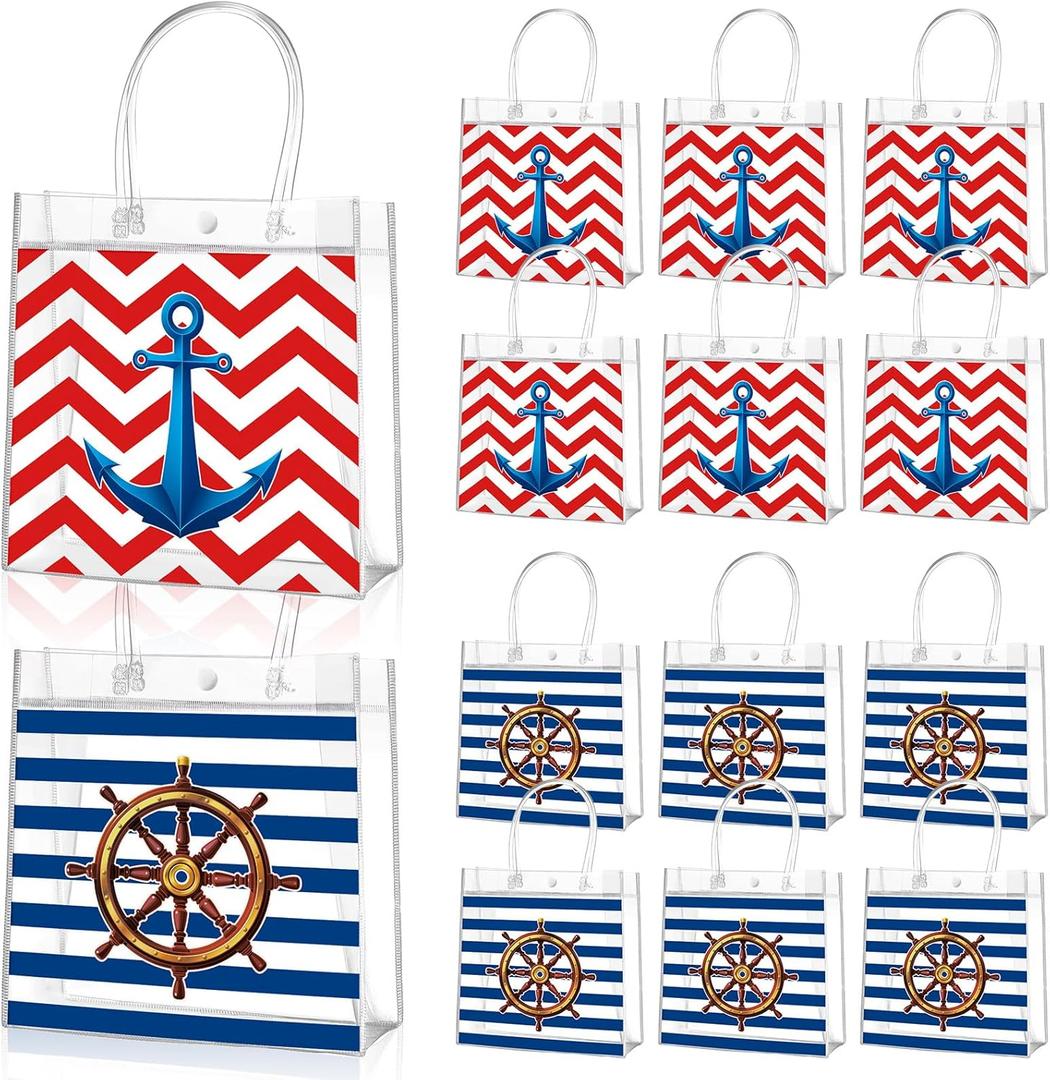 Aliceset 20 Pcs Nautical Clear Gift Bags Bulk with Handles Nautical Party Favor Bags for Cruise Boat Theme Presents Gifts Wrapping Birthday Party, 8 x 8 x 3.15 Inch
