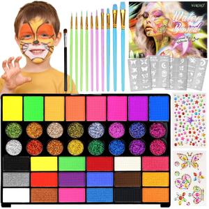 Face Painting Kit for Kids 42 Colors Water Based Non-Toxic Paint With Stencils & Brushes - Professional Body Makeup Kit for Parties, Birthdays, Halloween