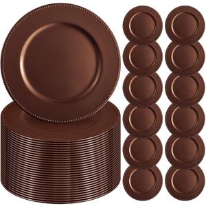 24 Pcs Brown Charger Plates 13" Round Charger Plates Bulk Beaded Chargers for Dinner Plate Decorative Brown Plastic Chargers Plate for Wedding Party Event Baby Bridal Shower Table Decoration
