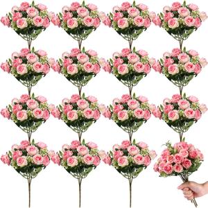 Zeyune 16 Bunches 12 Inch Artificial Mini Rose Bouquet 160 Heads Bridal Flower Bouquets Fake Silk Rose Bulk for Wedding Bridal Shower Christmas Home Office Garden Decoration(Pink)