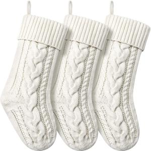 Christmas Stockings Knitted Xmas Stockings Double-Sided 18 Inches Fireplace Stockings for Family Christmas Decoration (Ivory, 3)