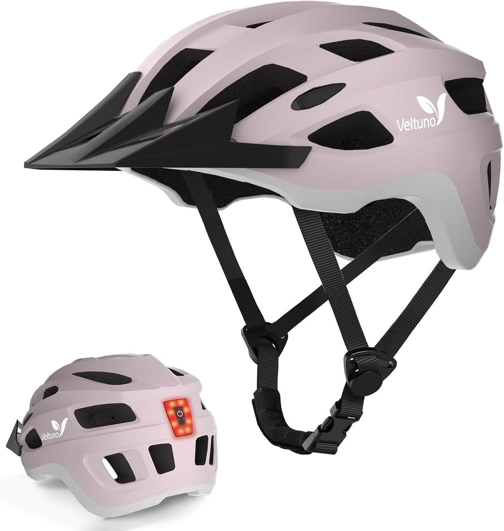 Bike Helmet for Adults, Lightweight Mountain Bicycle Helmet with USB Rechargeable LED Rear Light, Removable Sun Visor for Women, Men, Suitable for Cycling and Commuting, Medium (21.6-22.8in)
