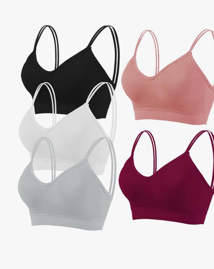 5 Pcs Camisole Bralette for Women Double Straps Cami Bralette Everyday Padded Bras Sports Elastic Spaghetti Underwear. Size L Green, Peach, Purple, White, Black
