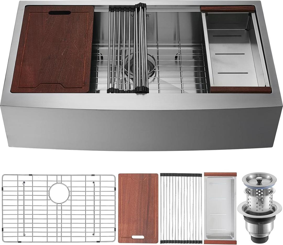 VEVOR 33 inch Farmhouse Kitchen Sink, 304 Stainless Steel Sink, Top Mount Single Bowl Kitchen Sinks with Ledge & Accessories, Household Dishwasher Sinks for Farm, Prep Kitchen, Garage and Bar Sink