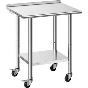 VEVOR Stainless Steel Work Table, 24x30 inch Food Prep Table with Wheels and Backsplash, Commercial Kitchen Workstation with Adjustable Undershelf, Metal Utility Worktable, for Restaurant Home Outdoor