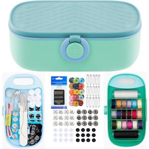 WANSHUNLMI Sewing Project Kit, 140 Pcs Travel Family Sewing Supplies Repair Kit Portable Small Traveler Sewing Kit Sewing Thread Accessories DIY Sewing Supplies Organizer (Green Blue Sewing Kit)