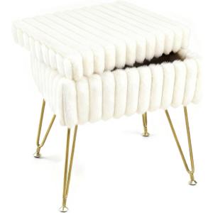 Vanity Stool Chair with Storage, Faux Fur Soft Padded Ottoman with Coffee Table, Modern Vanity Chair Fluffy Footstool with Metal Legs for Makeup, Living Room,Bedroom White
