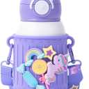 Kids Insulated Tumbler Set  16oz Stainless Steel Water Bottle with Straw & Pour Lids, Screw-On Cup, Adjustable Strap, Silicone Sleeve & Charms  Leakproof BPA-Free Bottle for Boys & Girls (Unicorn)