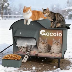 Heated Outdoor Cat House Weatherproof,Extra Large Insulated Heated Cat House for Multiple Cats Outside,Upgraded Feral Elevated Warm Cat Shelters for Winter with Heat Pad,Eaves&Escape Door Collaspable