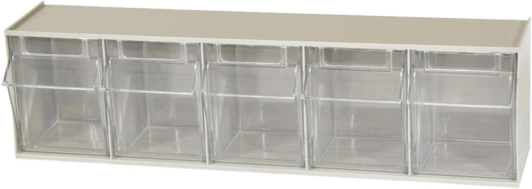 Akro-Mils TiltView Plastic Storage Cabinet with 5 Tilt Out Bins, Horizontal Plastic Parts Organizer, Teacher Toolbox, and Office Supply Organizer, 23-5/8" W x 6-1/2" H x 5-5/8" D, Stone