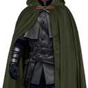 L'VOW Medieval Velvet Hooded Cloak - Renaissance Cape with Hood Vintage Capelet Halloween Sorcerer Costume (Dark Green)