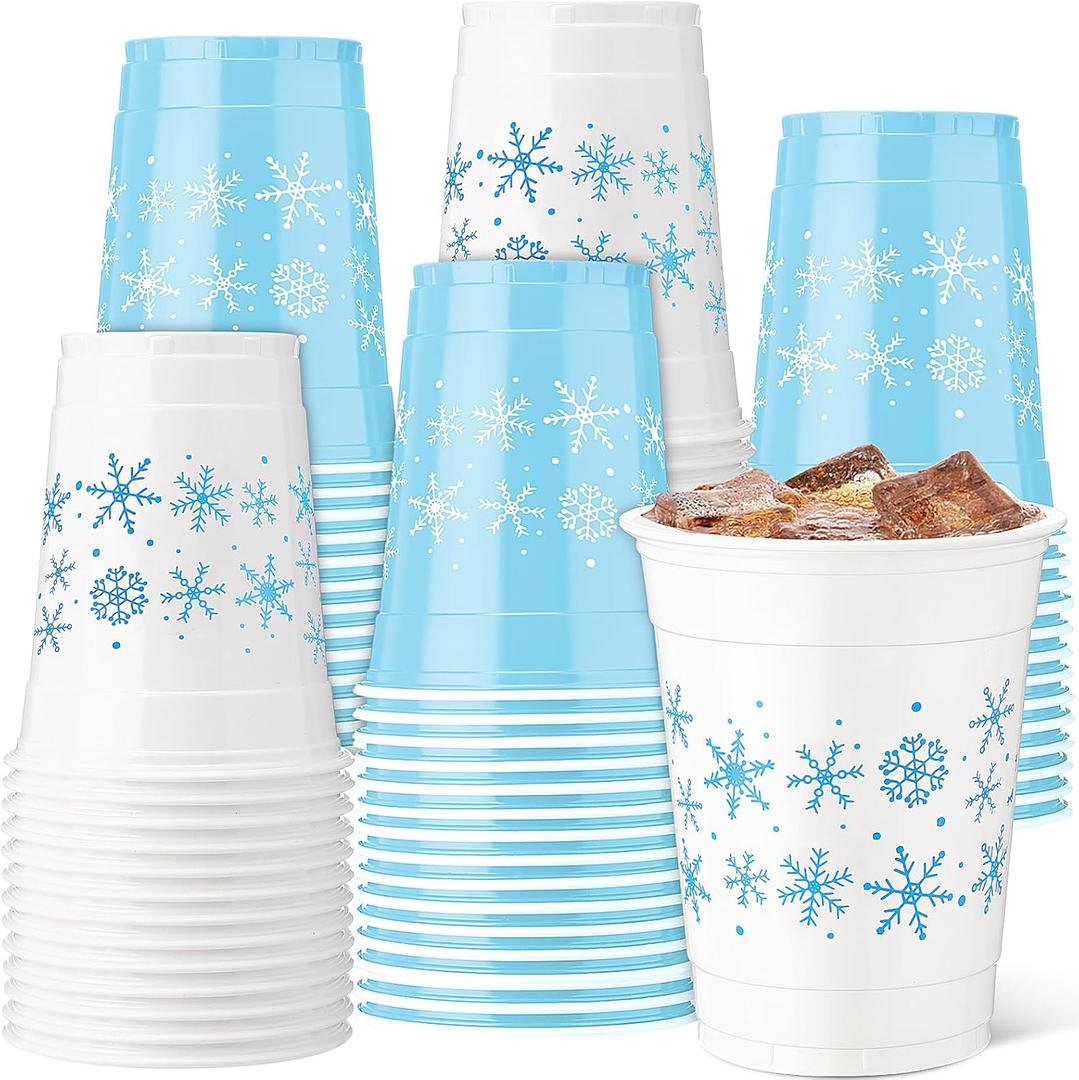Vesici 100 Pcs 12 oz Snowflake Disposable Plastic Cups Snowflake Drinking Cups Blue and White Winter Party Supplies for Winter Holiday Christmas