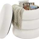 SONGMICS Vanity Stool, Round Ottoman with Storage, Upholstered Foot Stool, Removable Lid, for Living Room, Bedroom, Easy Assembly, 16.9 x 16.9 x 18.5 Inches, Teddy Fleece, White ULOM015WD01