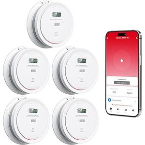 5 Packs Wi-Fi Smoke Detector Carbon Monoxide Detector Combo with App Notifications, Smart Smoke and Carbon Monoxide Detector with LCD Display & Replaceable Battery, Compatible with Tuya Smart 5 Packs Wi-Fi Smoke Detector Carbon Monoxide Detector Combo with App Notifications, Smart Smoke and Carbon Monoxide Detector with LCD Display & Replaceable Battery, Compatible with Tuya Smart