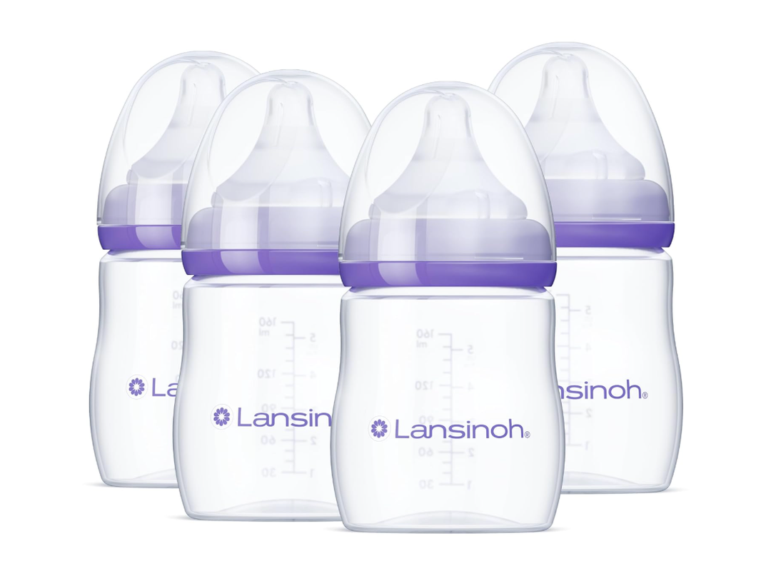 Lansinoh AntiColic Baby Bottles for Breastfeeding Babies, 5 Ounces, 4 Count, Includes 4 Extra Slow Flow Nipples, Size XS