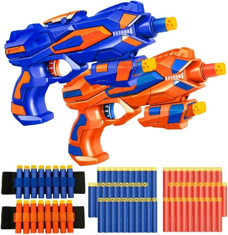 2 Pack Blaster Guns Boys Toy-with 60 Soft Foam Darts Bullets& 2 Wrist Bands-Kids Hand Gun Toys Gifts Party Supplies for 3,4,5,6,7,8,9 Years Kids
