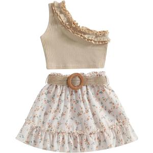 BOEBNOZCV Toddler Baby Girls Outfits Ruffle Off Shoulder Crop Tops + Floral Tulle Shorts Skirt Set Kids Summer Clothes (Beige Floral Skirts,8-9 Years)