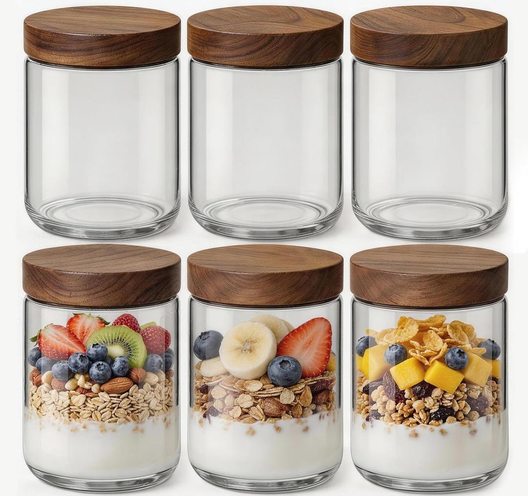 16oz 6 Pack Overnight Oats Containers with Lids, Glass Mason Jars with Acacia Wood Airtight Lids, Wide Mouth Meal Prep Storage Jars for Yogurt, Chia Pudding, Salad, Parfait, Snacks, Spice