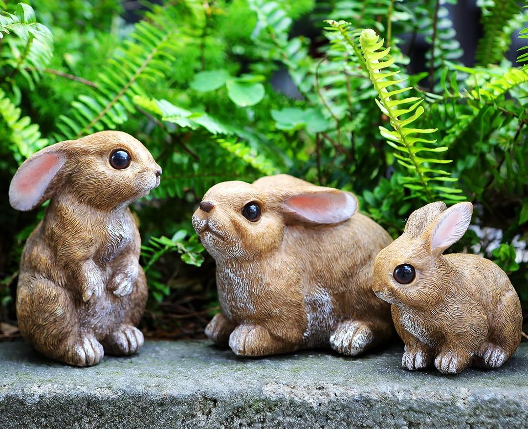 Bunny Decor Yard Decorations Outdoor Set of 3, Bunny Decorations for Home Garden Outdoor Statues, Easter Rabbit Figurines, Mom Gifts (Brown)