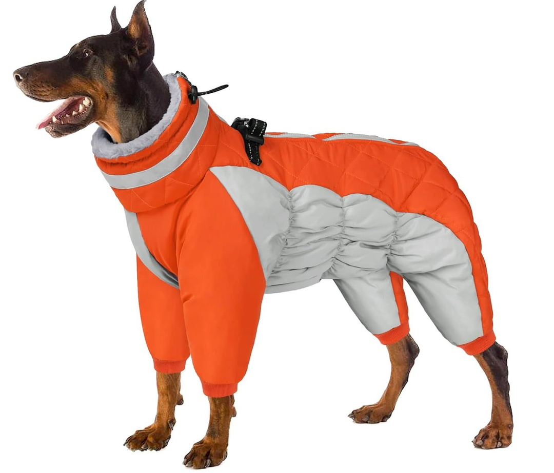 SUNFURA Full Body Dog Coat - Warm Fleece Jacket for Medium Dogs, Turtleneck Winter Coats with Harness, Reflective Dog Snowsuit Windproof Puffer Jackets with Legs for Boston Terrier, Orange M