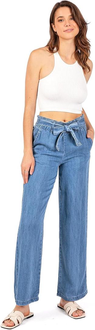 WAX JEAN Womens Juniors Wide Leg Stretchy Waist Belted Lyocell Pants (7, Light Denim)