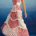ebossy Womens Lace Patchwork Floral Maxi Dress Spaghetti Strap Sexy Backless Ruffle Tiered Boho Beach Sundresses (XL)