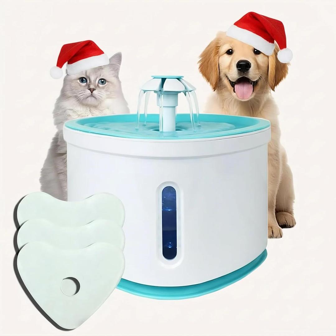 2.4L Cat Water Fountain-Pet Drinking Fountain,Automatic Cat Puppy Dog Water Dispenser,LED Night Vision Water Level Window w/ 3 Replacement Filters(Blue)
