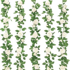 ZIFTY 5Pcs 32.5FT Artificial Rose Vine Fake Flower Garland White Fake Silk Floral Hanging for Wedding Arch, Garden Tea Party Backdrop Room Decor and Home Decoration Outdoor Wall Decor