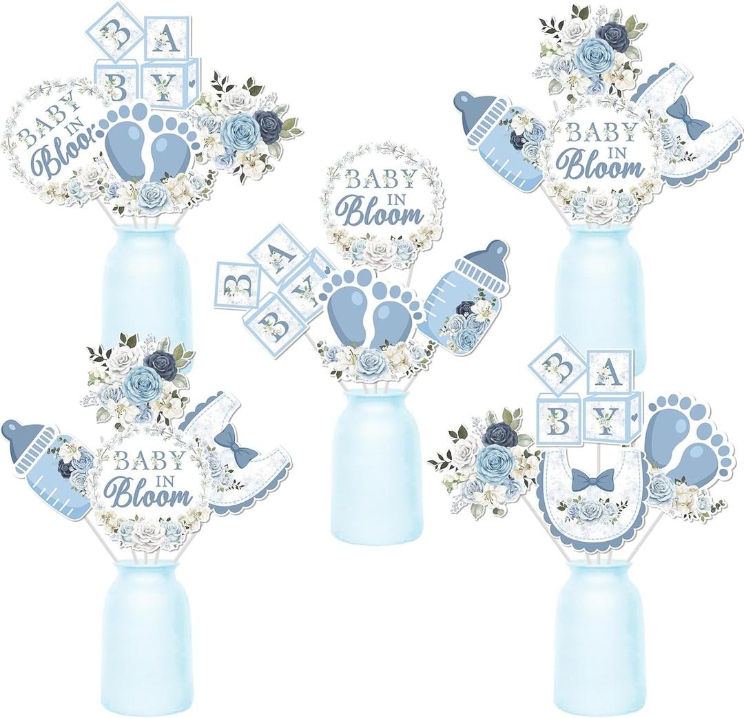 24Pcs Baby in Bloom Centerpiece Sticks Blue Floral Baby Shower Decorations Double Sided Printing Feeding Bottle Flower Table Toppers for Boys Baby Shower Gender Reveal Party Supplies