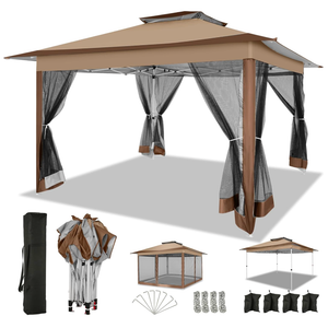 COBIZI 12x12 FT Pop up Gazebo on Clearance Canopy Tent, Carpas para Patio, Easy up Outdoor Canopy Tents with Portable Storage Bag for Backyard, Outdoor Waterproof Gazebos for Garden,Camping, Brown